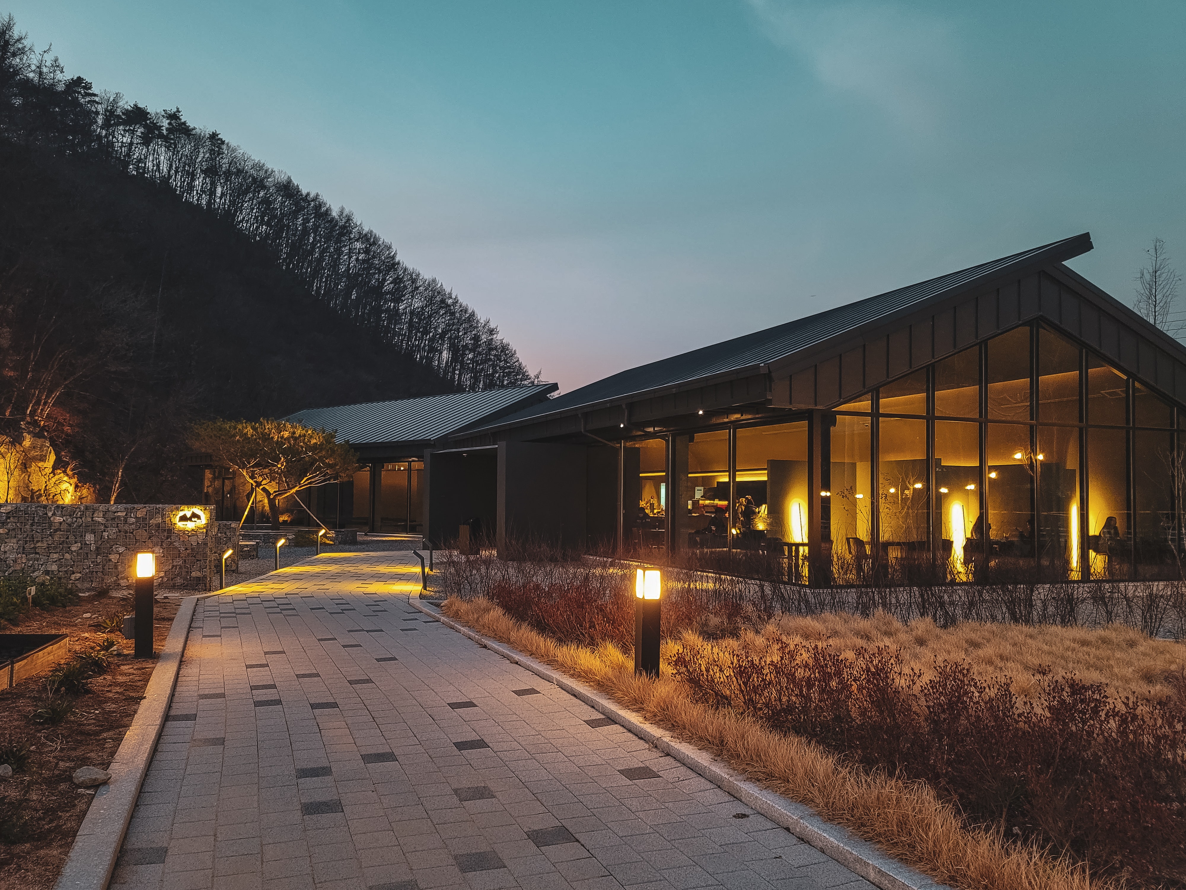 House at night with driveway lights on.