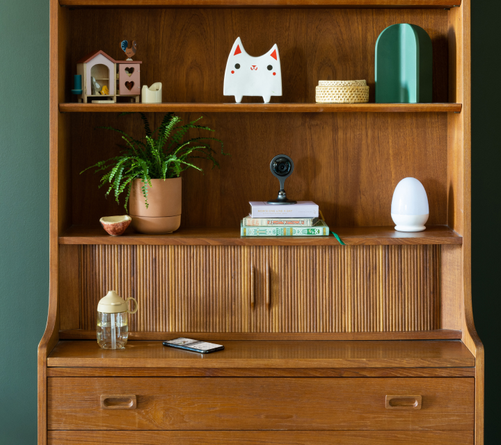 Cove indoor camera on bookshelf