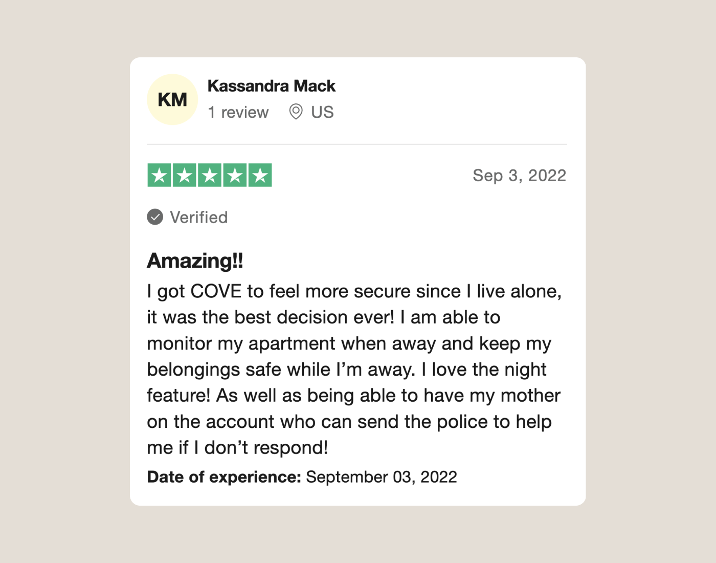 Cove Customer review from TrustPilot about home security while living alone.