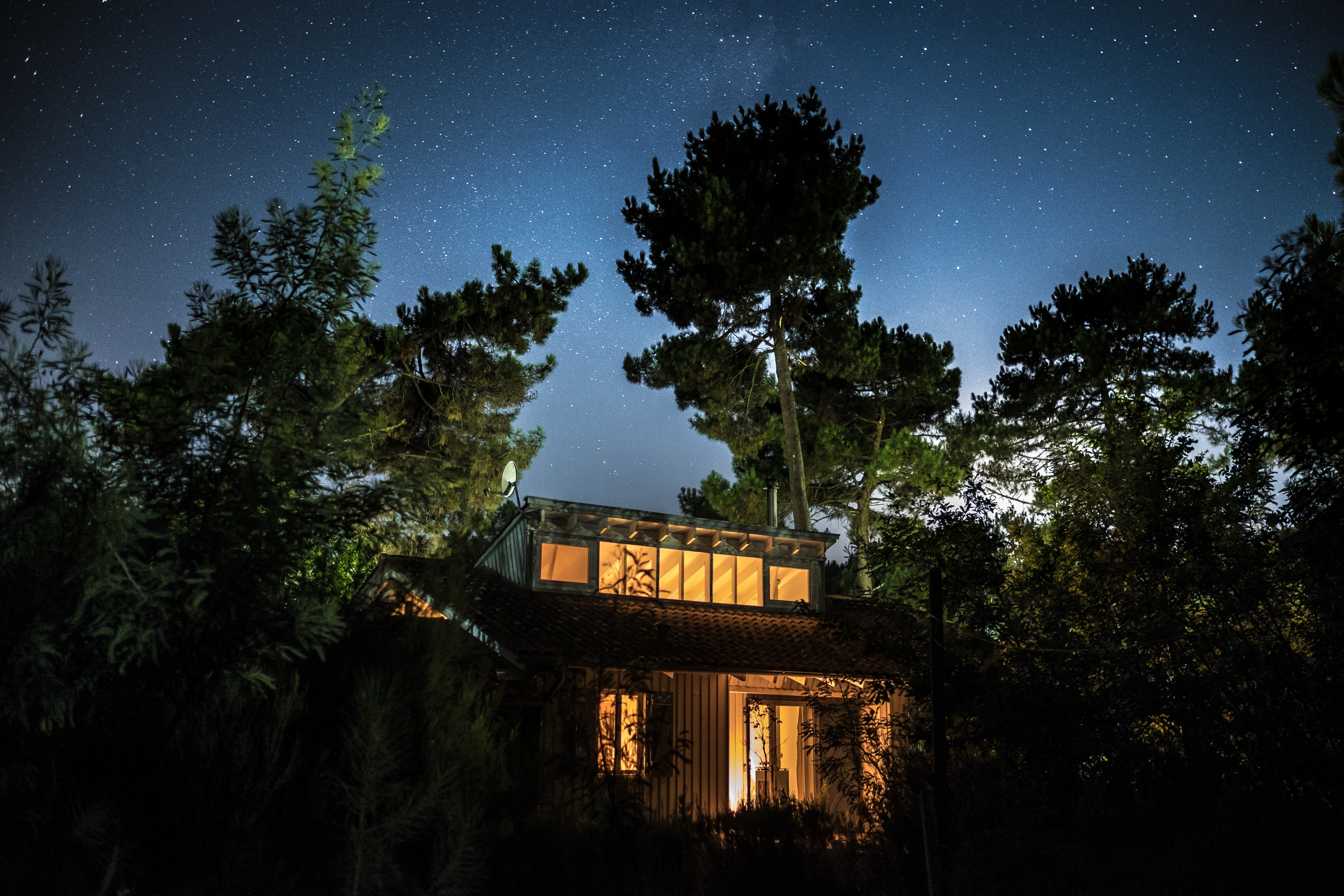 Home at night with lights on and surrounded by trees.