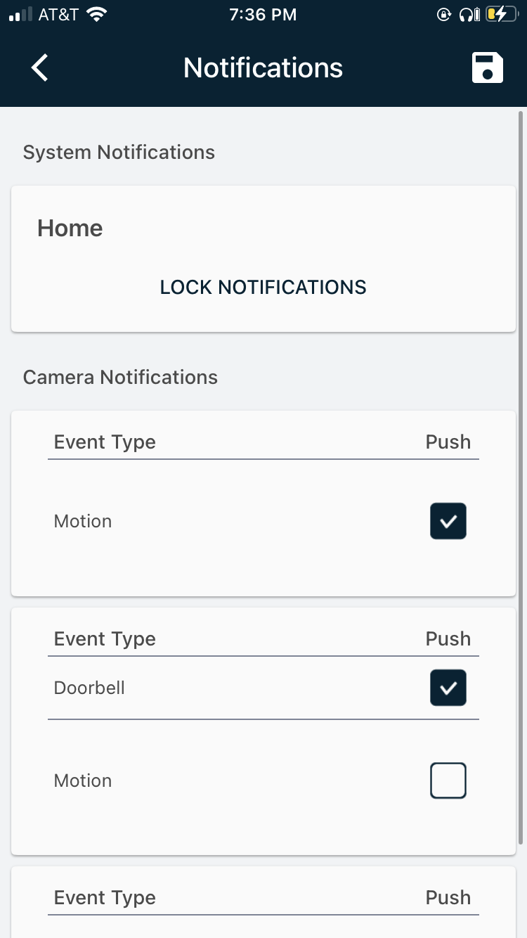 Notifications on the Cove Connect app for home security.