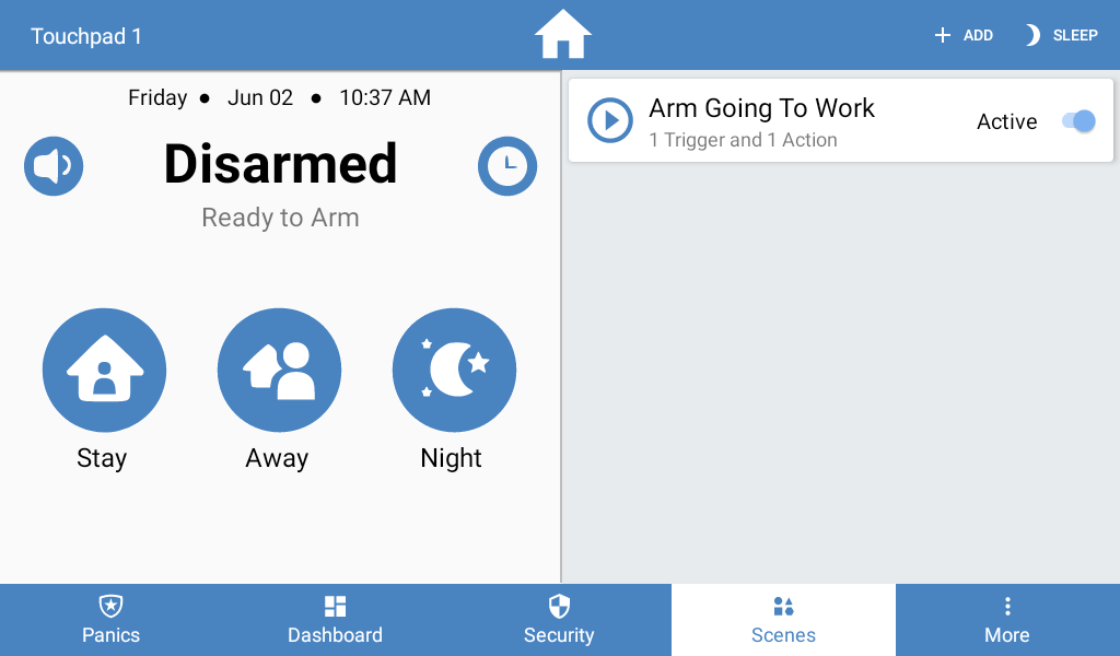 Home security system panel is disarmed.