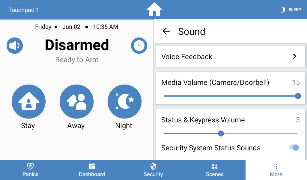 Home security system alarm panel sound options.