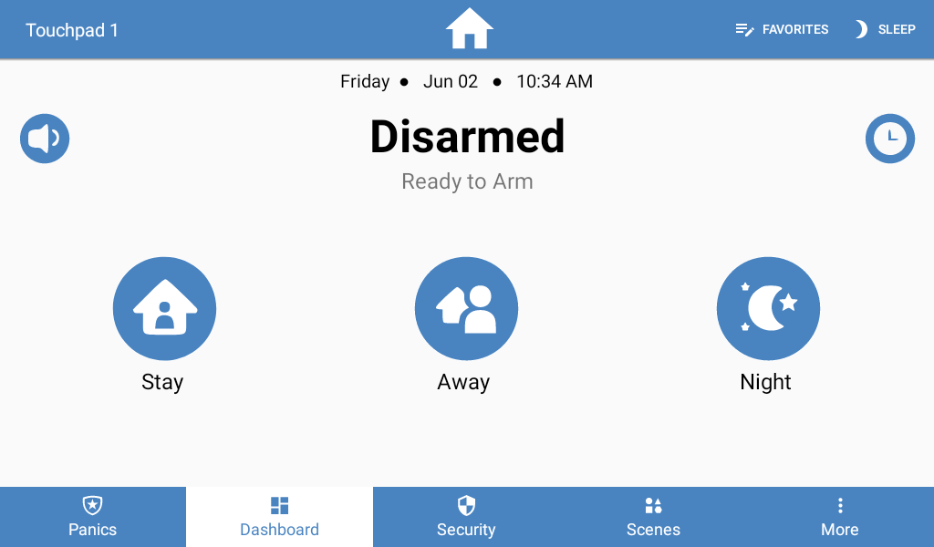 Home security system Alula alarm panel screenshot.