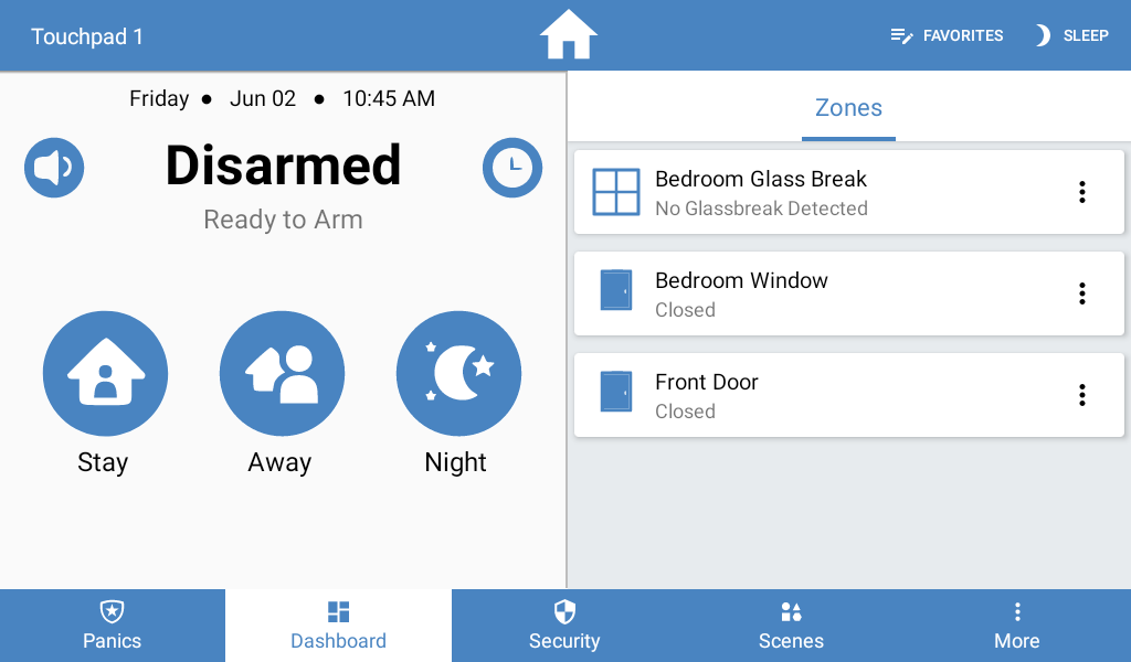 Zones set up on a home security system alarm panel.