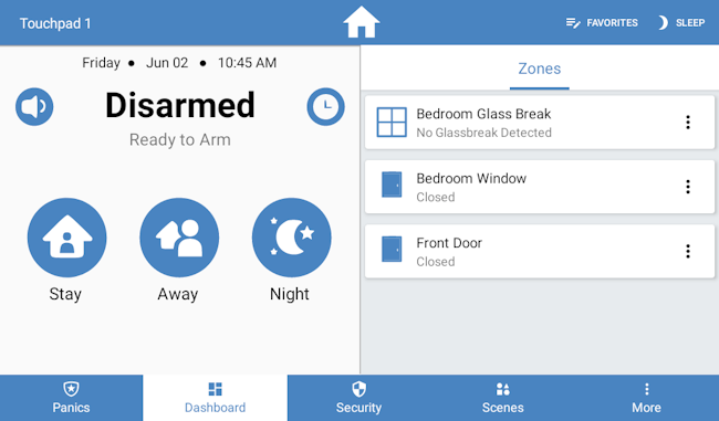 Zones set up on a home security system alarm panel.