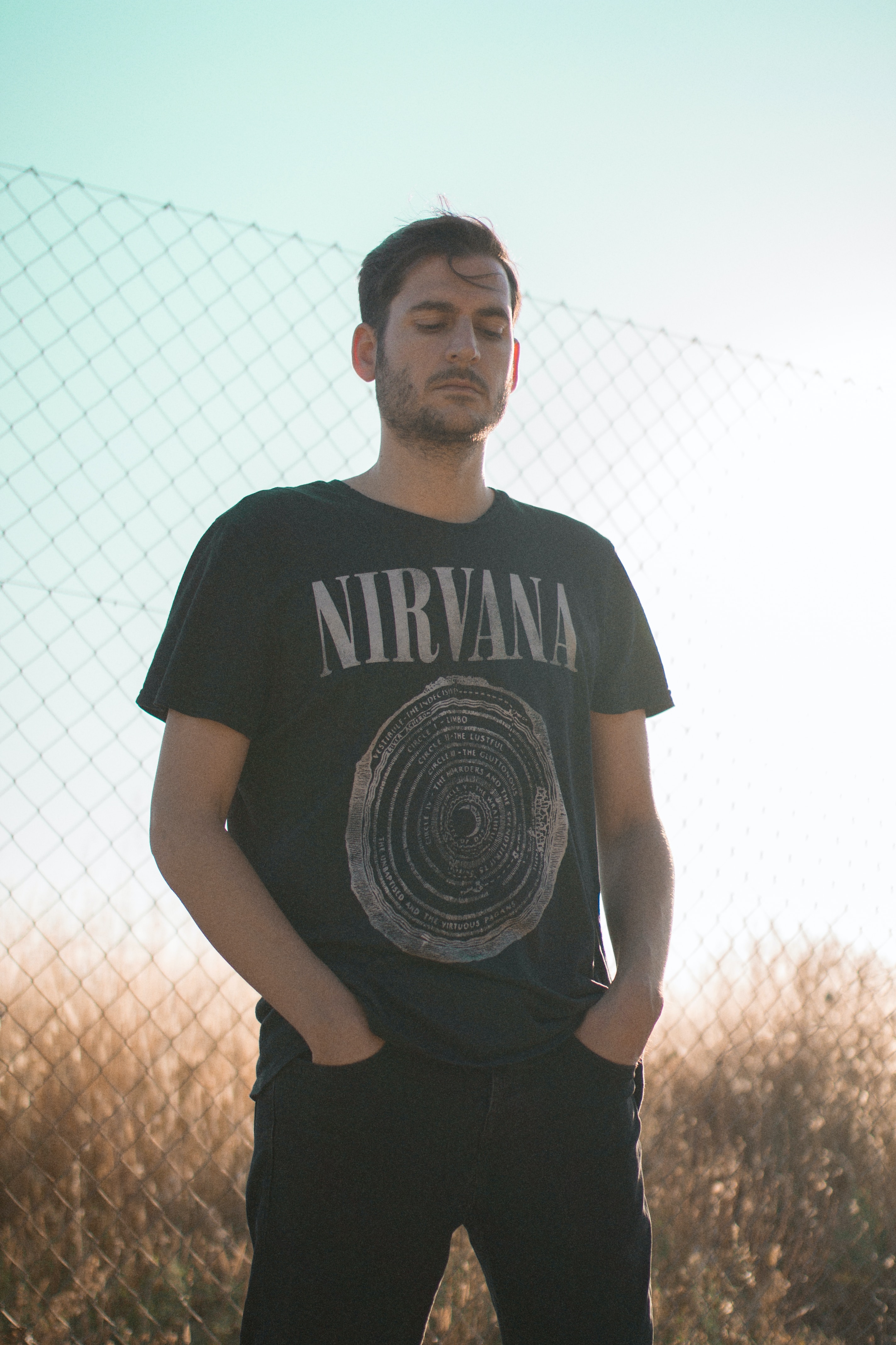 Man wearing a Nirvana t-shirt.