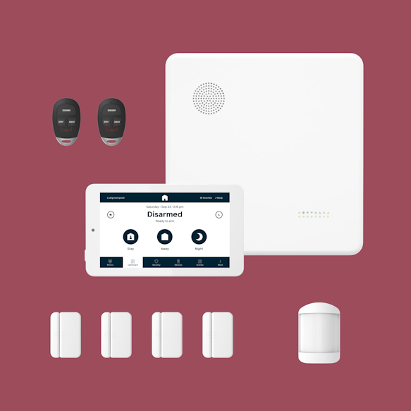 Hub, panel, 4 door window sensors, 1 motion sensor, 2 key fobs