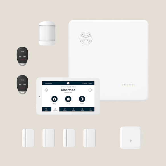 Hub, panel, 4 door window sensors, 2 key fobs, 1 motion sensor, 1 glass break sensor