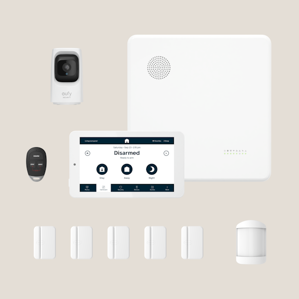 Hub, panel, 5 door window sensors, 1 motion sensor, 1 key fob, 1 indoor camera