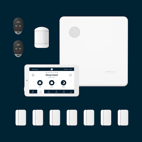 Hub, panel, 7 door window sensors, 1 motion sensor, 2 key fobs