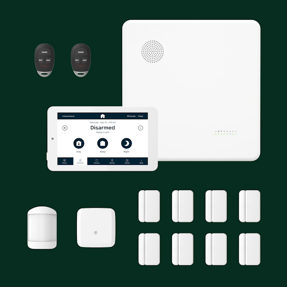 Hub, panel, 8 door window sensors, 1 motion sensor, 1 glass break detector, 2 key fobs