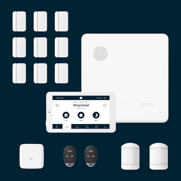 Hub, panel, 9 door window sensors, 1 glass break detector, 2 motion sensors, 2 key fobs