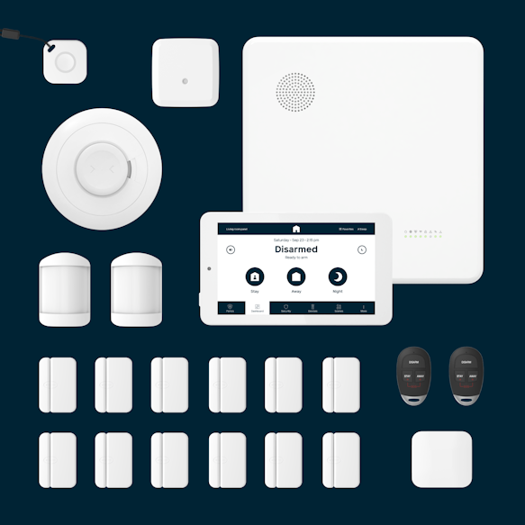 Hub, Panel, 12 door window sensors, 2 key fobs, 1 flood sensor, 1 glass break detector, 1 smoke detector, 1 panic button, 2 motion sensors