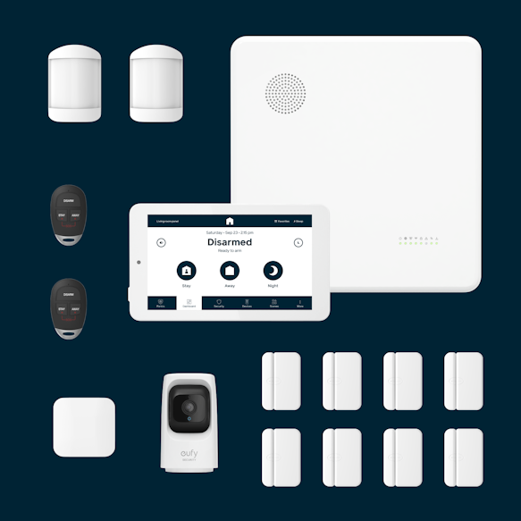 Hub, Panel, 8 door window sensors, 2 motion sensors, 2 key fobs, 1 flood sensor, 1 indoor camera