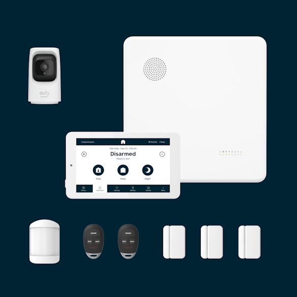 Hub, Panel, 3 door window sensors, 2 key fobs, 1 motion sensor, 1 indoor camera