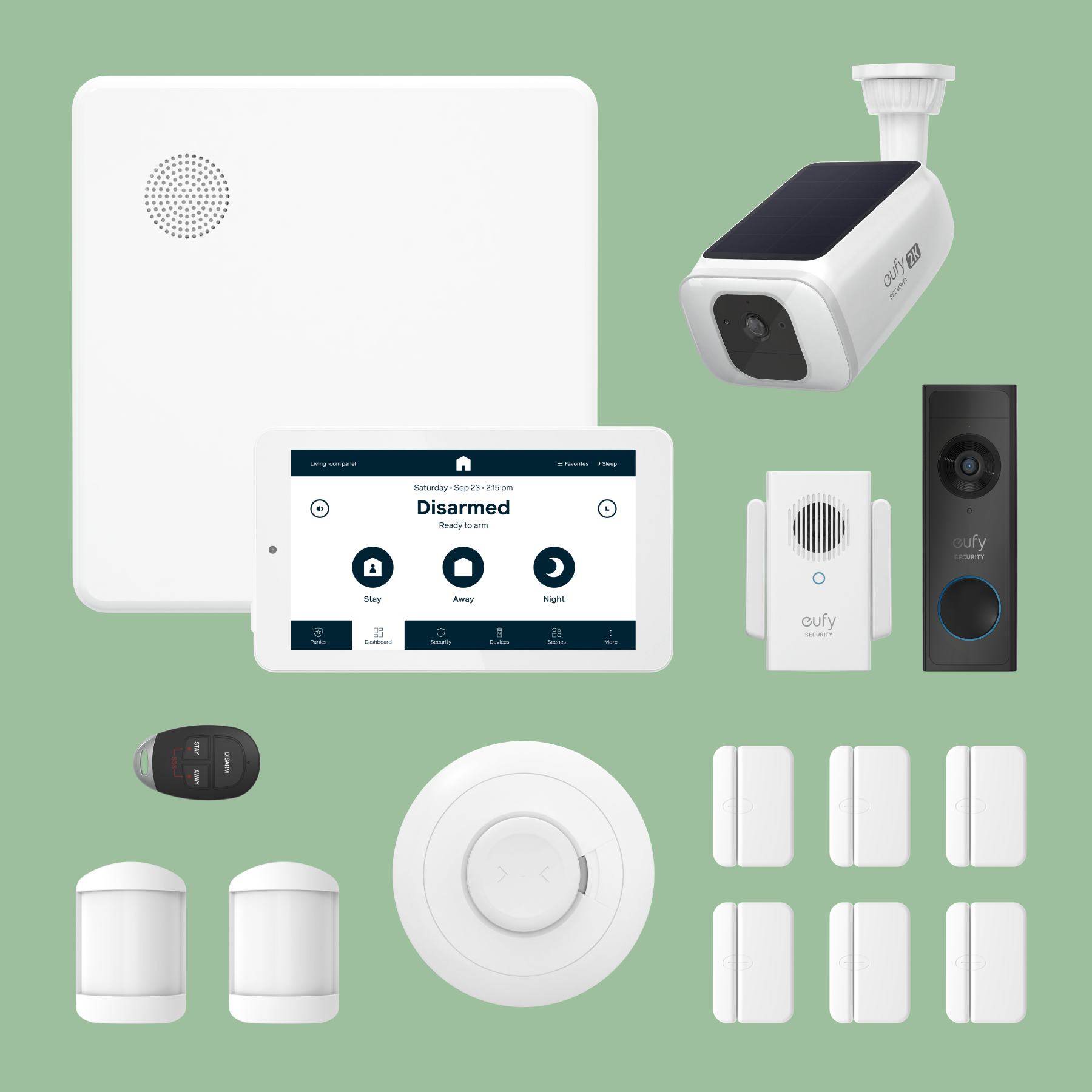 Cove security system with panel, cameras, sensors, doorbell, and siren.