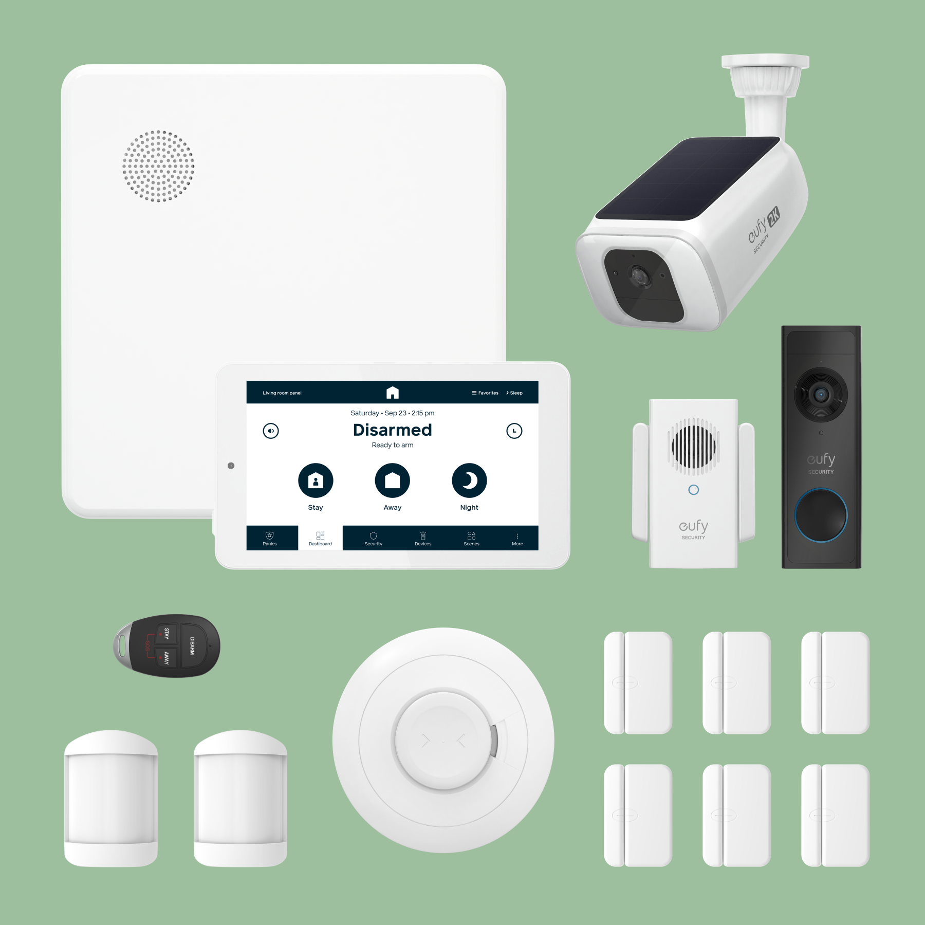 A Cove home security system can include a panel plus hub, cameras, smoke detectors, and various sensors.