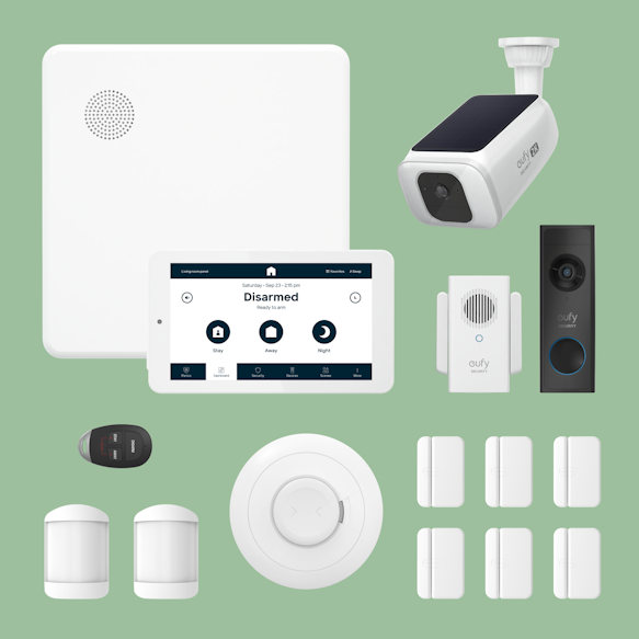Hub, panel, 6 door/window sensors, 1 smoke detector, 2 motion sensors, 1 key fob, 1 outdoor camera, 1 doorbell camera