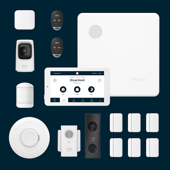 Hub, panel, 2 key fobs, 6 door window sensors, 1 smoke detector, 1 motion sensor, 1 flood sensor, 1 indoor camera, 1 doorbell camera
