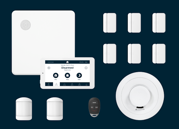 Hub, panel, 6 door/window sensors, smoke detector, key fob, 2 motion sensors