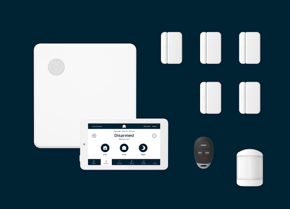 Hub, panel, 5 door/window sensors, 1 key fob, 1 motion sensor
