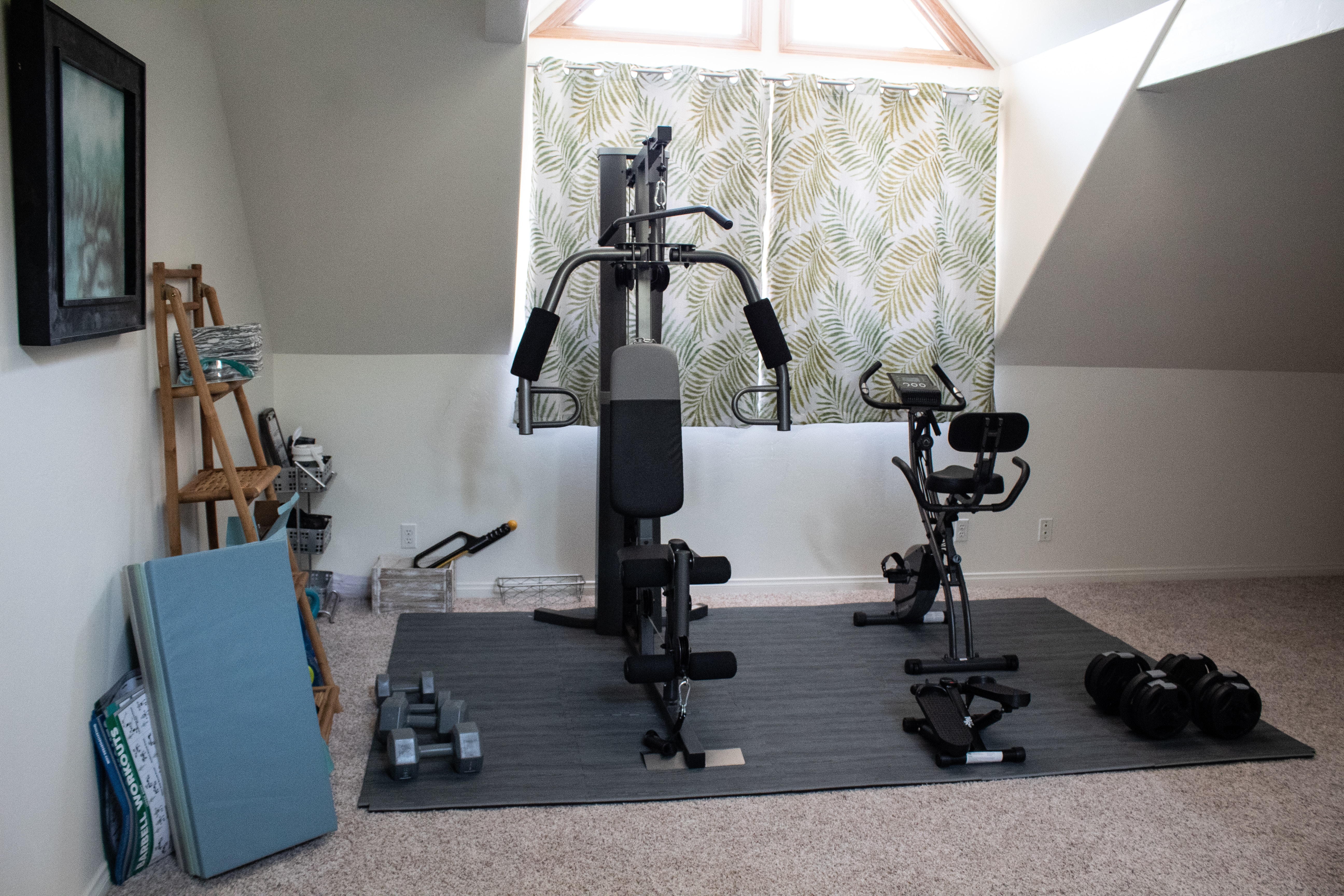 Home gym set up with a bike and weight lifting equipment.