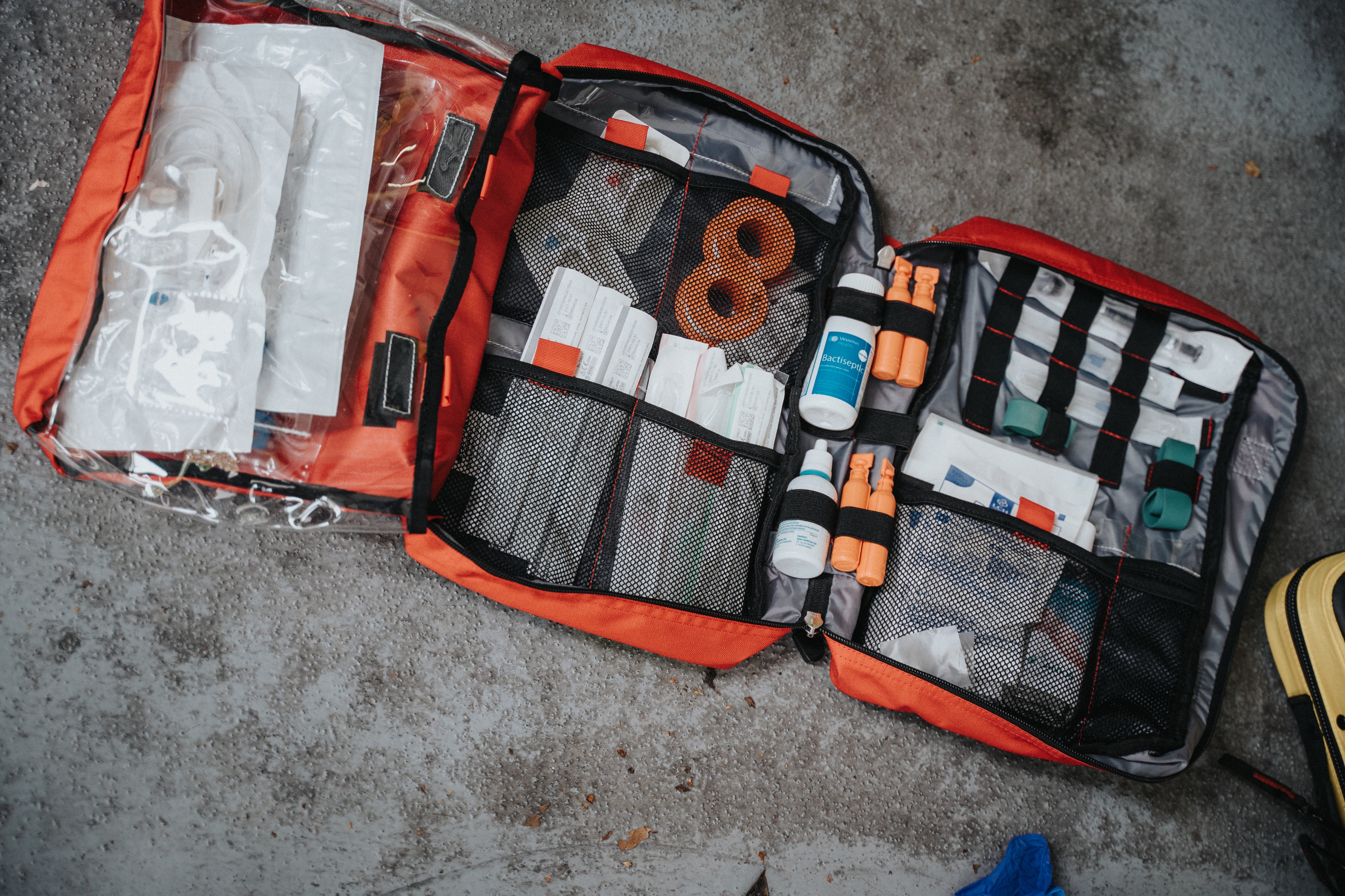 First aid kit as part of a home emergency preparedness supply kit.