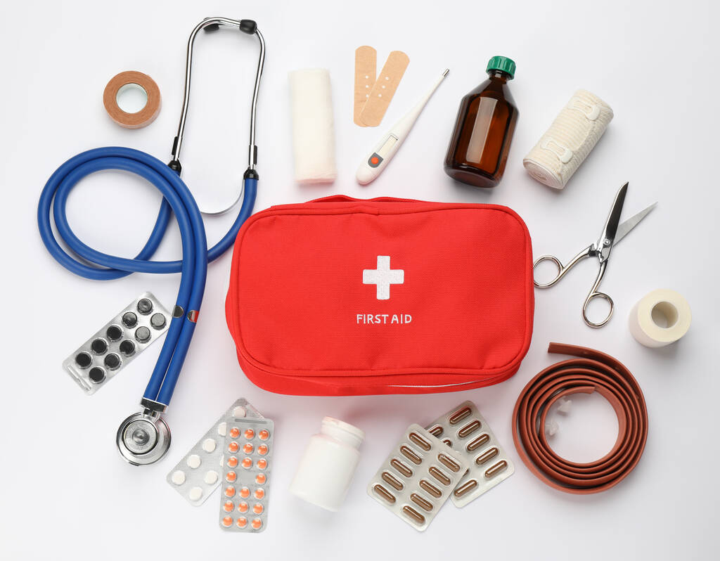 First aid kit with lots of supplies.
