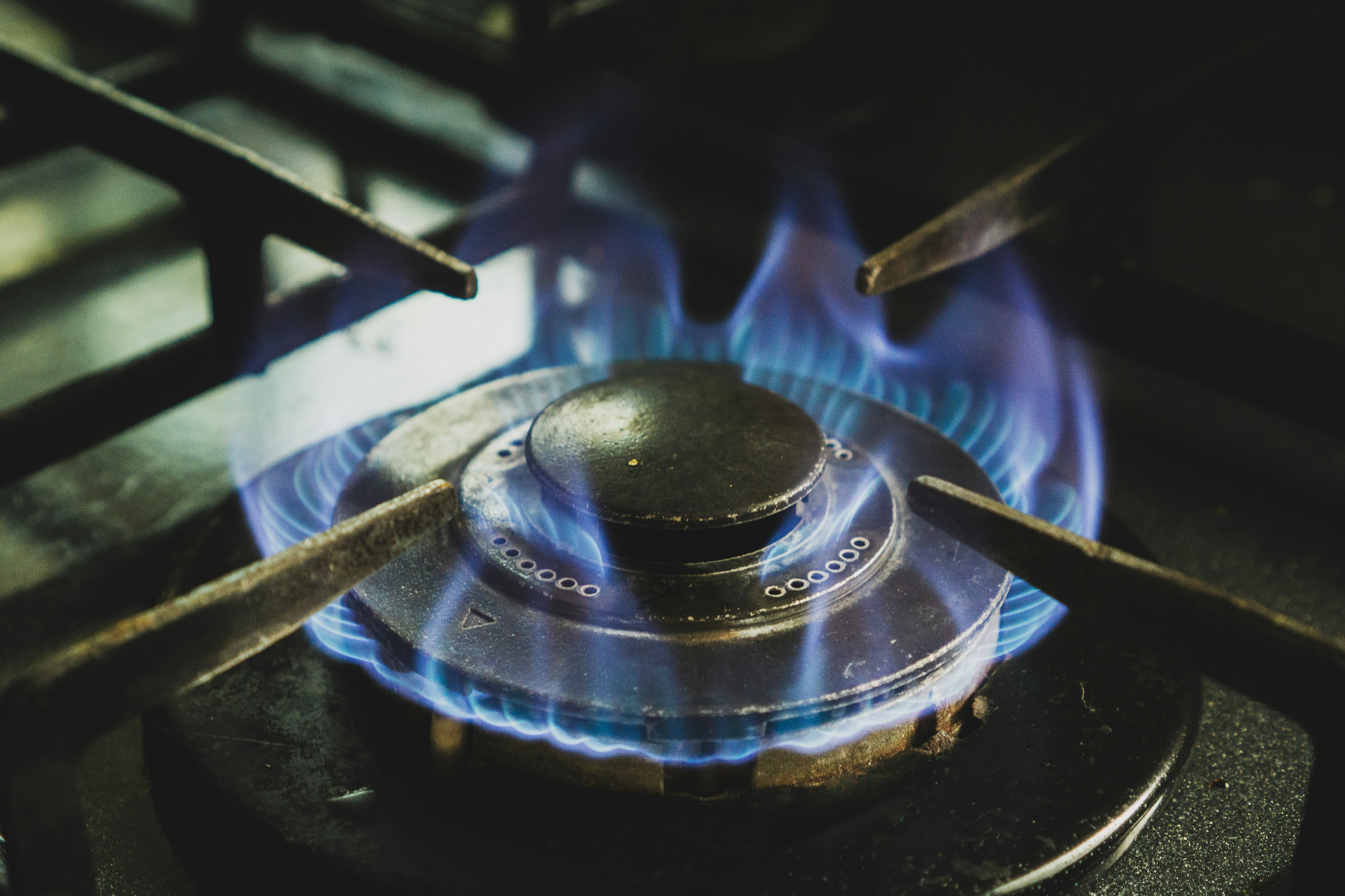 Blue flame on a gas stove in a kitchen.