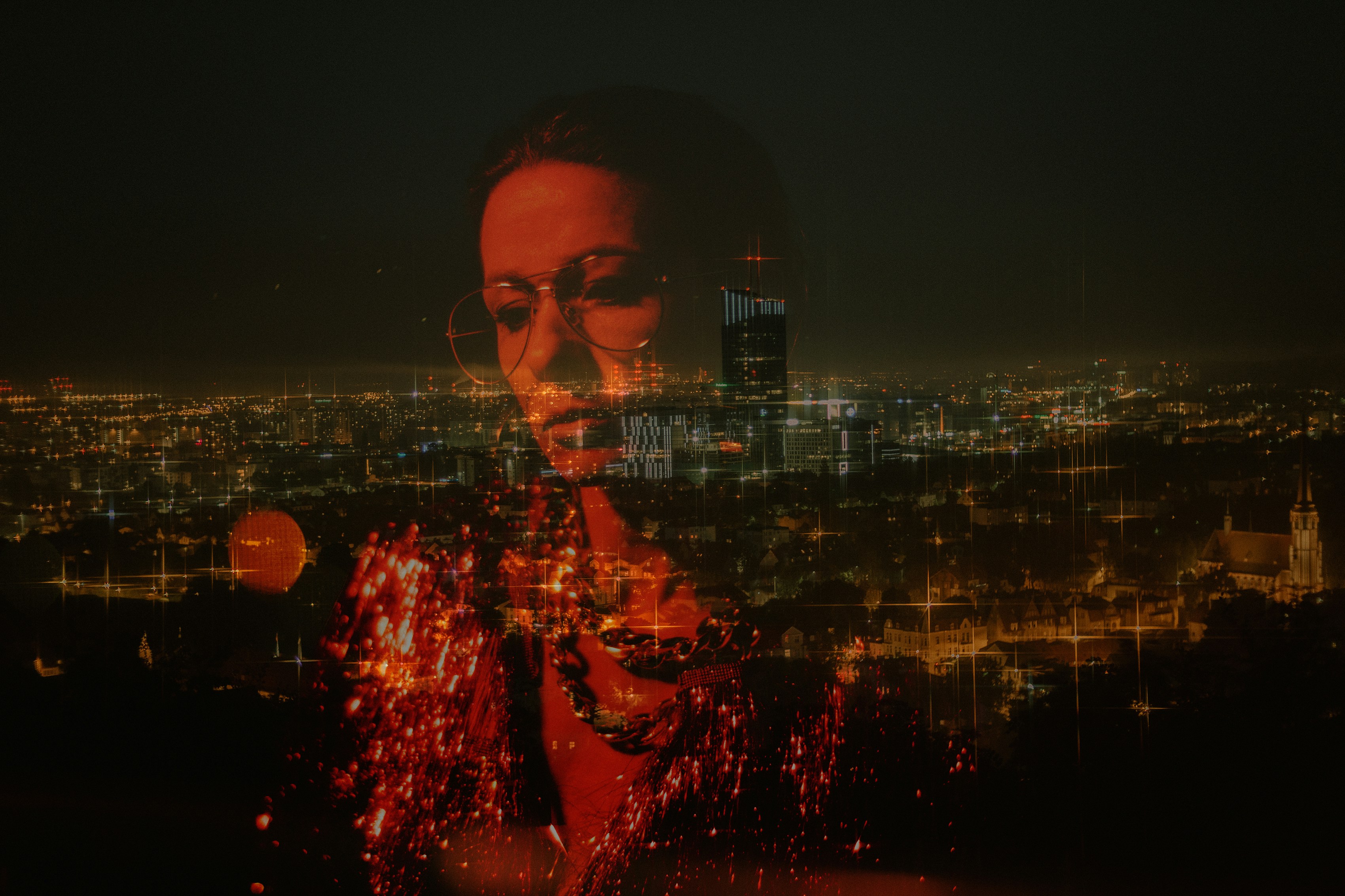 Image of a woman superimposed over a city depicting a true crime story.