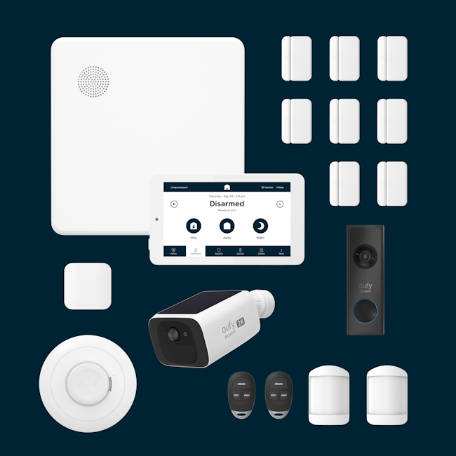 Hub, Touchscreen, 4 door sensors, 4 window sensors, 1 flood sensor, 1 smoke detector, 2 keyfobs, 2 motion detectors, 1 eufy outdoor camera, 1 eufy doorbell camera