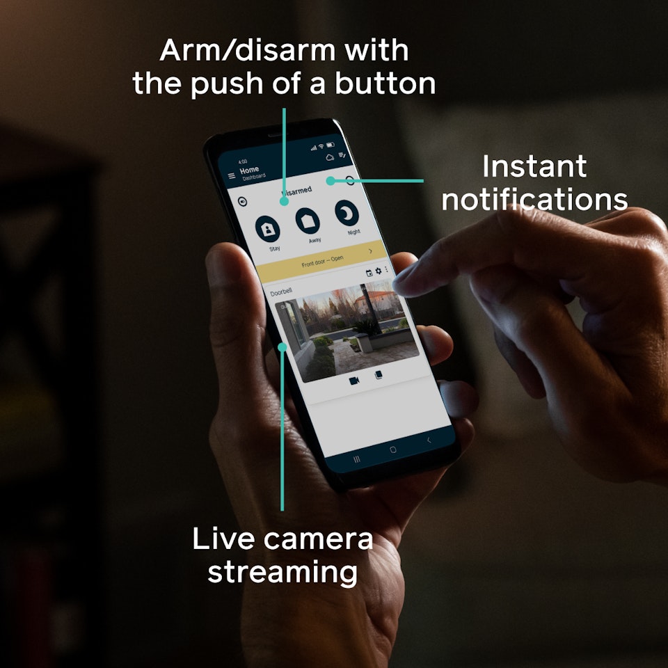 The Cove Connect app with callouts for arming, notifications, and live camera streaming
