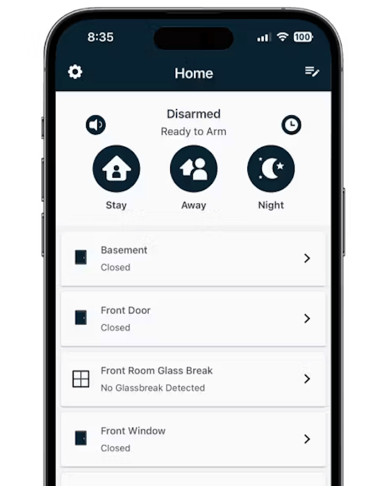 The Cove Connect app showing the home screen with the system status and door alerts