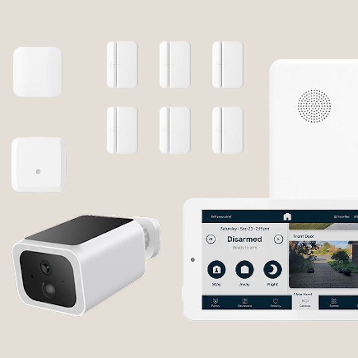 The Cove security system: touchscreen panel, hub, sensors, and camera