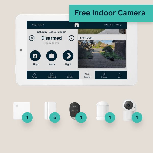 Hub, panel, 5 door window sensors, 1 keyfob, 1 motion, Free indoor camera