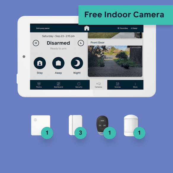 Hub, panel, 3 door window sensors, 1 keyfob, 1 motion detector