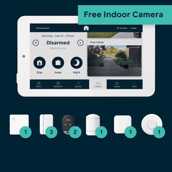 Hub, panel, 3 door window sensors, 2 keyfobs, 1 motion, 1 flood, 1 smoke detector, and 1 free indoor camera
