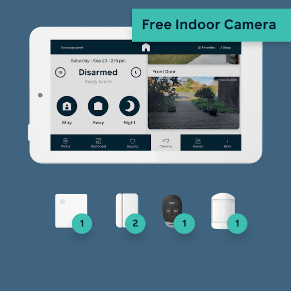 Hub, panel, 1 door sensor, 1 window sensor, 1 keyfob, 1 motion detector, 1 free indoor camera