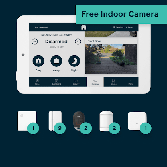 Hub, panel, 9 door window sensors, 2 keyfobs, 2 motion detectors, 1 glassbreak sensor, and 1 free indoor camera