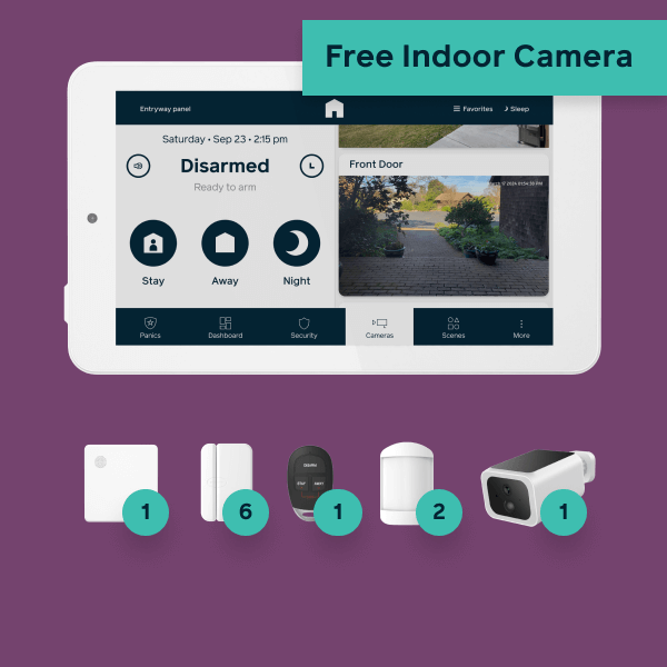 Hub, panel, 6 door window sensors, 1 keyfob, 2 motion detectors, 1 outdoor camera, and 1 free indoor camera