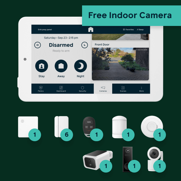 Hub, panel, 6 door window sensors, 1 keyfob, 1 motion, 1 smoke, 1 outdoor camera, 1 doorbell camera, and 1 free indoor camera