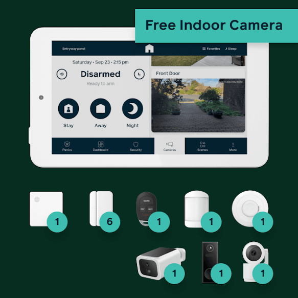Hub, panel, 6 door window sensors, 1 keyfob, 1 motion, 1 smoke, 1 outdoor camera, 1 doorbell camera, and 1 free indoor camera