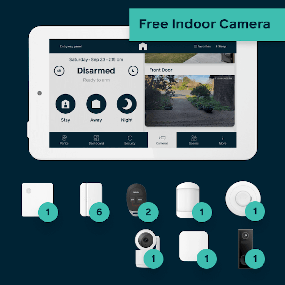 Hub, panel, 6 door window sensors, 2 keyfobs, 1 motion, 1 smoke, 1 flood, 1 doorbell camera, and 1 free indoor camera