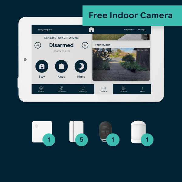 Hub, panel, 5 door window sensors, 1 keyfob, 1 motion detector, and 1 free indoor camera