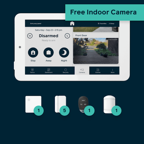 Hub, panel, 5 door window sensors, 1 keyfob, 1 motion detector, and 1 free indoor camera