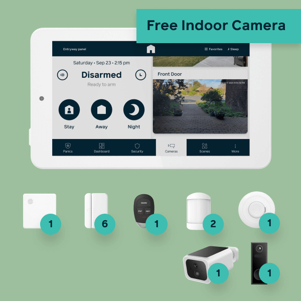 Hub, panel, 6 door window sensors, 1 keyfob, 2 motion detectors, 1 smoke detector, 1 outdoor camera, 1 doorbell camera, and a free indoor camera