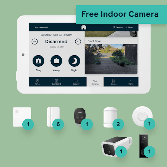 Hub, panel, 6 door window sensors, 1 keyfob, 2 motion detectors, 1 smoke detector, 1 outdoor camera, 1 doorbell camera, and a free indoor camera