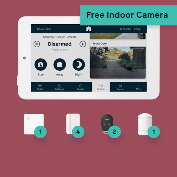 Hub, panel, 4 door window sensors, 2 keyfobs, 1 motion detector, and 1 free indoor camera