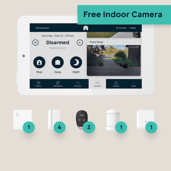 Hub, panel, 4 door window sensors, 2 key fobs, 1 motion sensor, 1 glass break sensor, and 1 free indoor camera